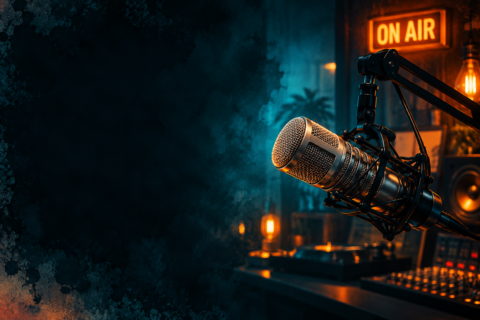 Broadcast microphone in a teal and orange radio studio